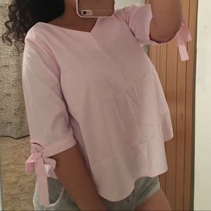 Babydoll pink & white strip shirt with bow ties.